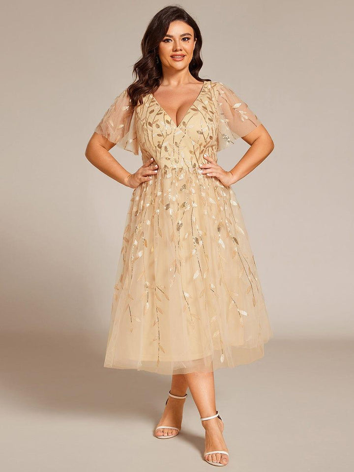 Plus size leaf sequin tulle A-line midi wedding guest dress for women
