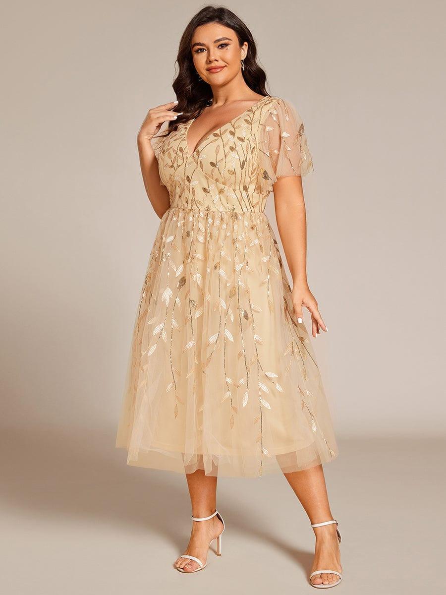 Plus size leaf sequin tulle A-line midi wedding guest dress for women