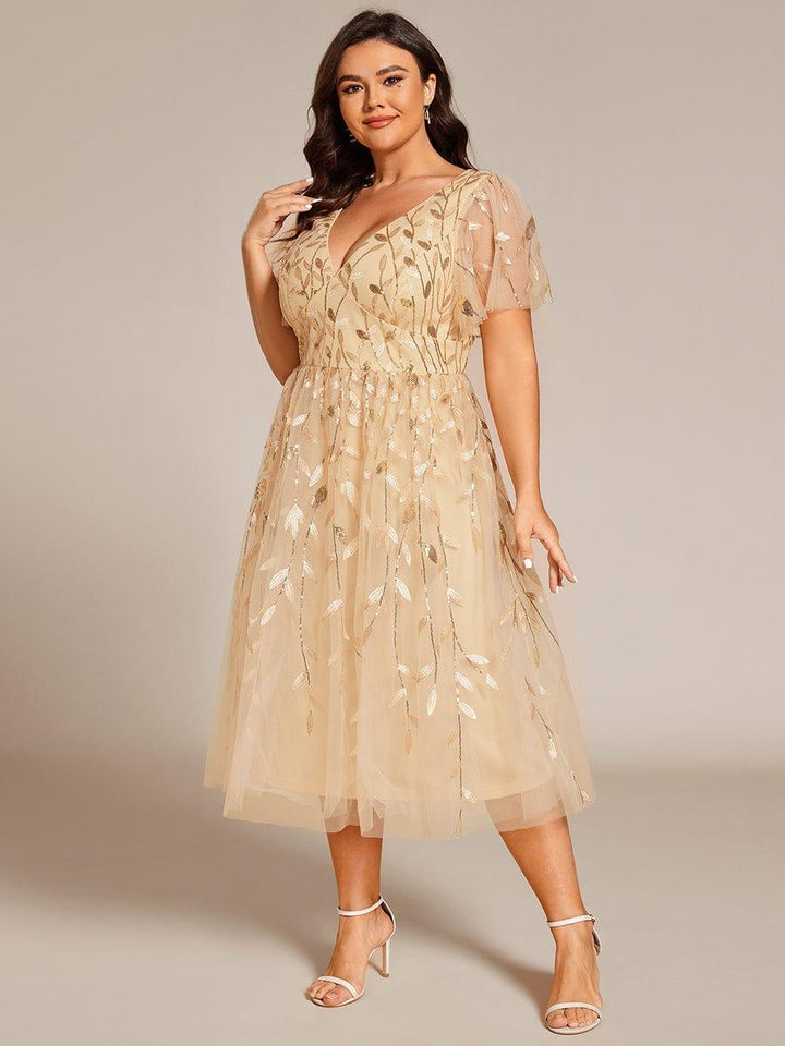 Plus size leaf sequin tulle A-line midi wedding guest dress for women