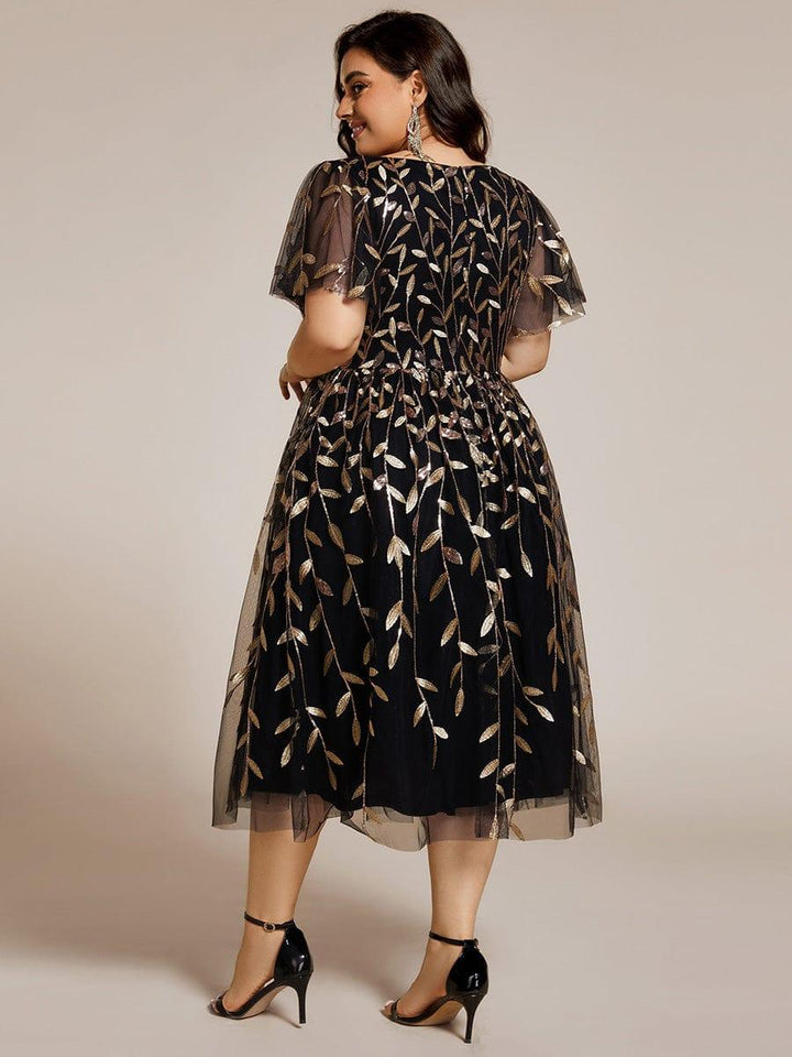 Plus size leaf sequin tulle A-line midi wedding guest dress for women