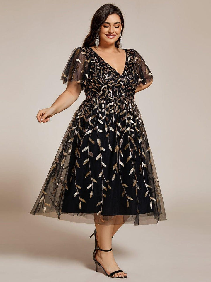 Plus size leaf sequin tulle A-line midi wedding guest dress for women