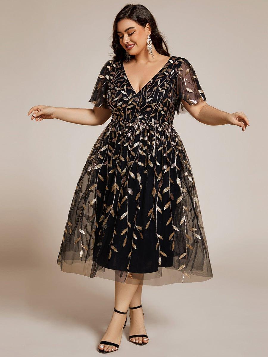 Plus size leaf sequin tulle A-line midi wedding guest dress for women