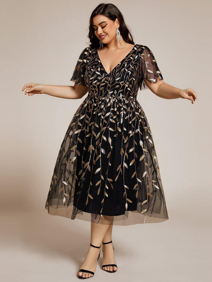 Plus size leaf sequin tulle A-line midi wedding guest dress for women