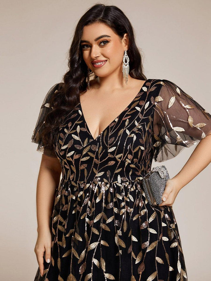 Plus size leaf sequin tulle A-line midi wedding guest dress for women