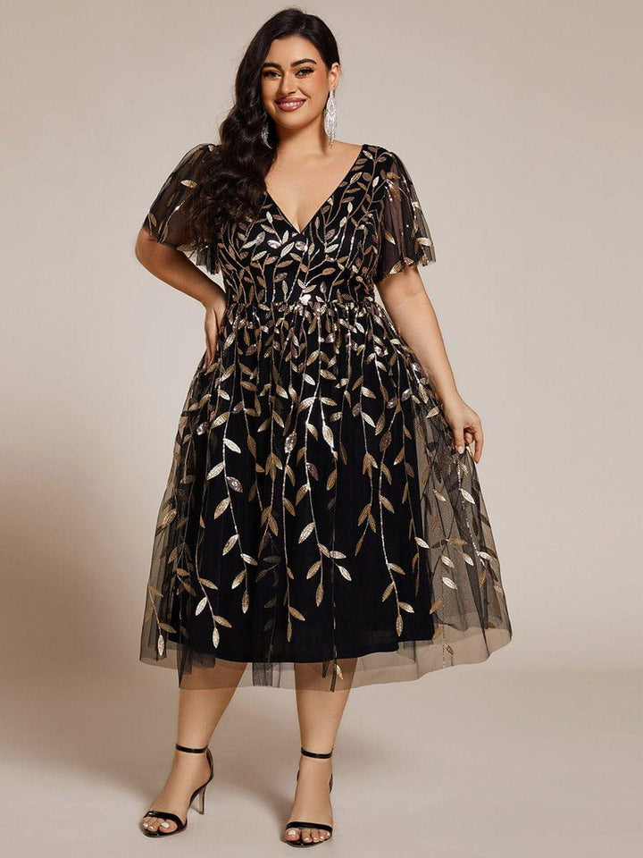 Plus size leaf sequin tulle A-line midi wedding guest dress for women