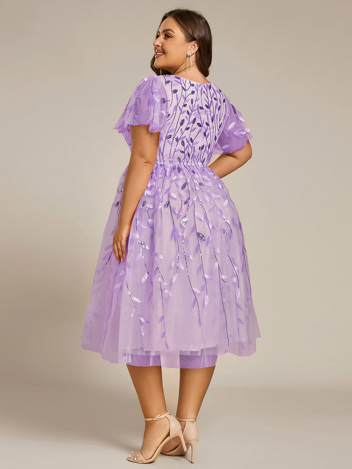Plus size leaf sequin tulle A-line midi wedding guest dress for women
