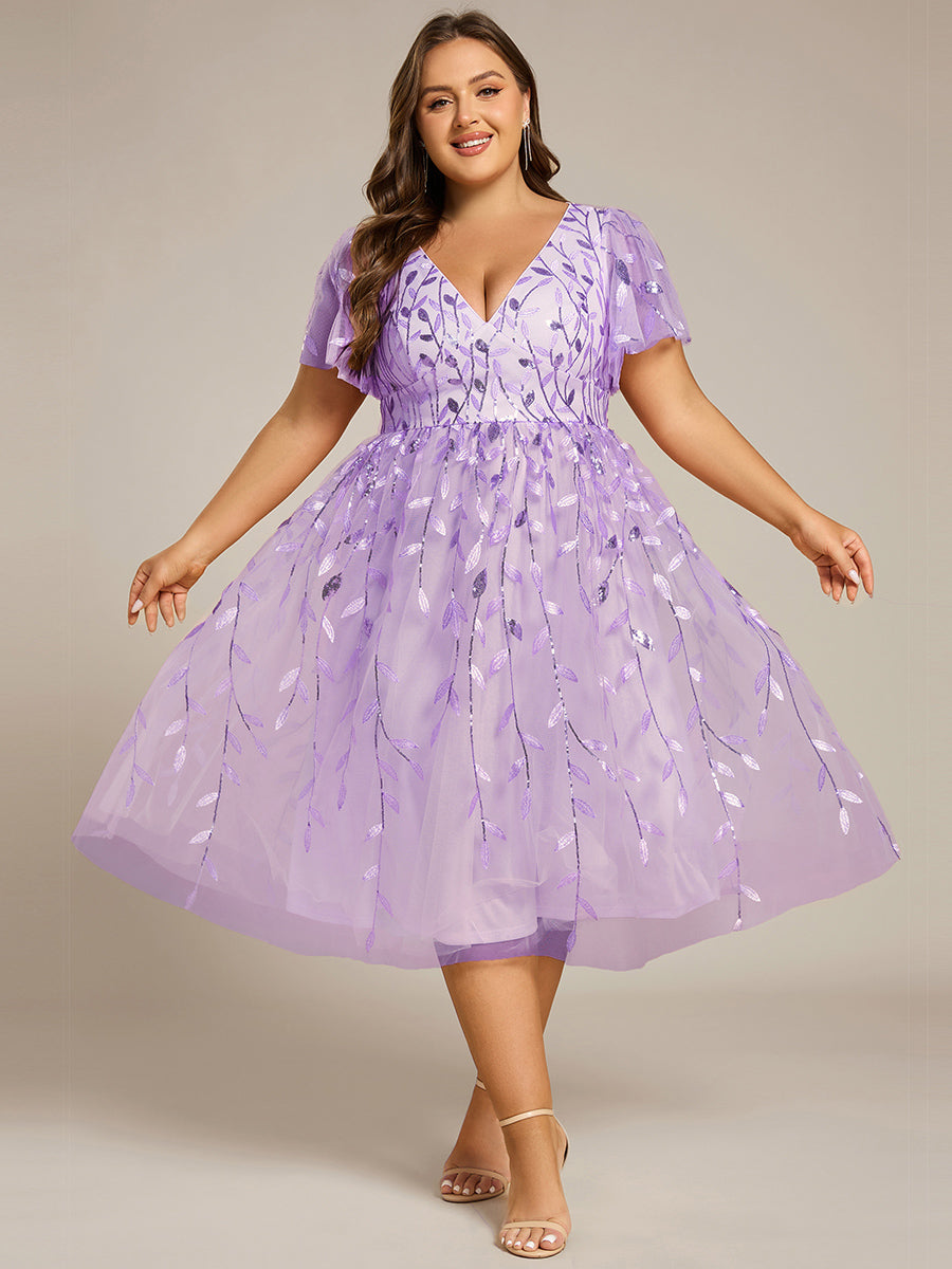 Plus size leaf sequin tulle A-line midi wedding guest dress for women