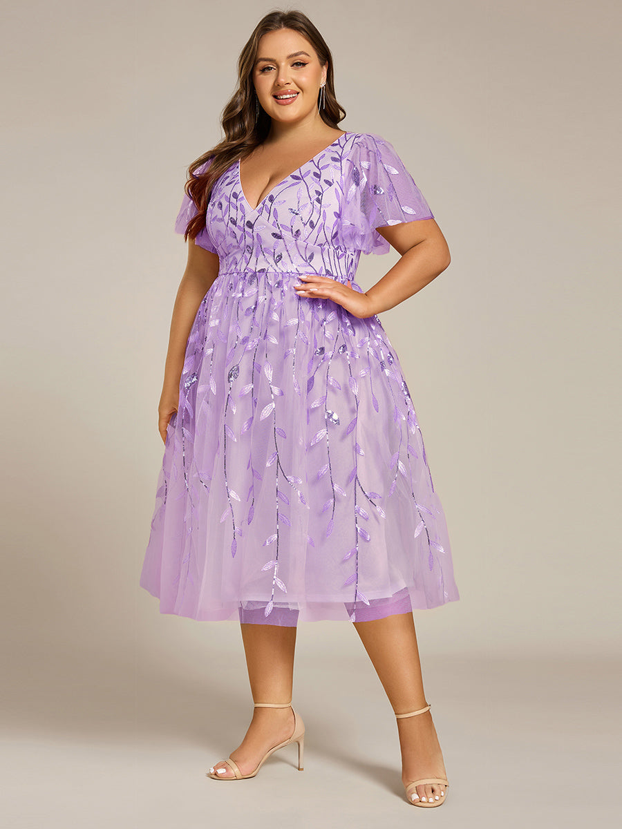 Plus size leaf sequin tulle A-line midi wedding guest dress for women
