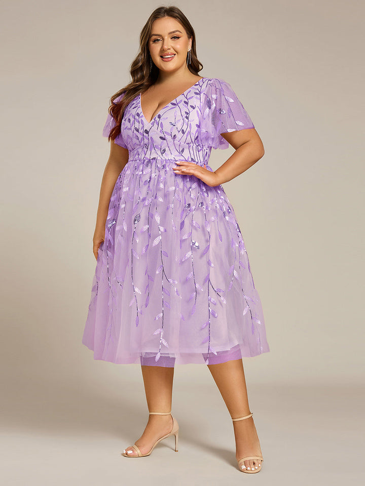 Plus size leaf sequin tulle A-line midi wedding guest dress for women