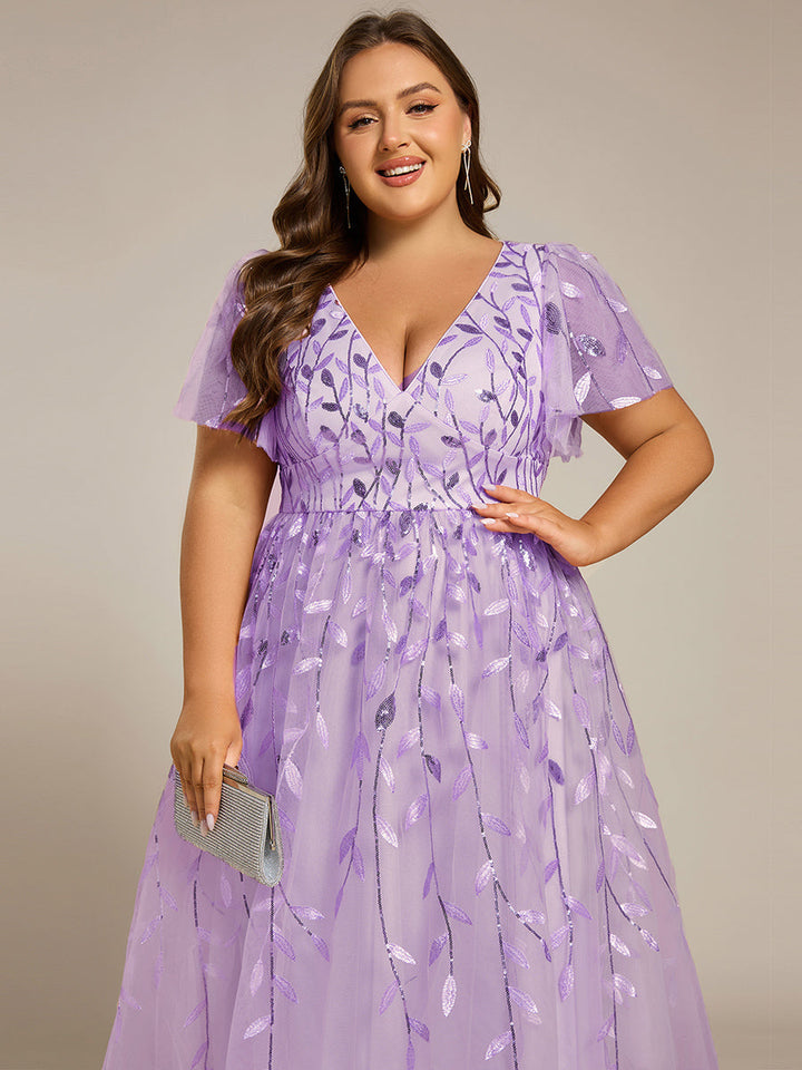 Plus size leaf sequin tulle A-line midi wedding guest dress for women