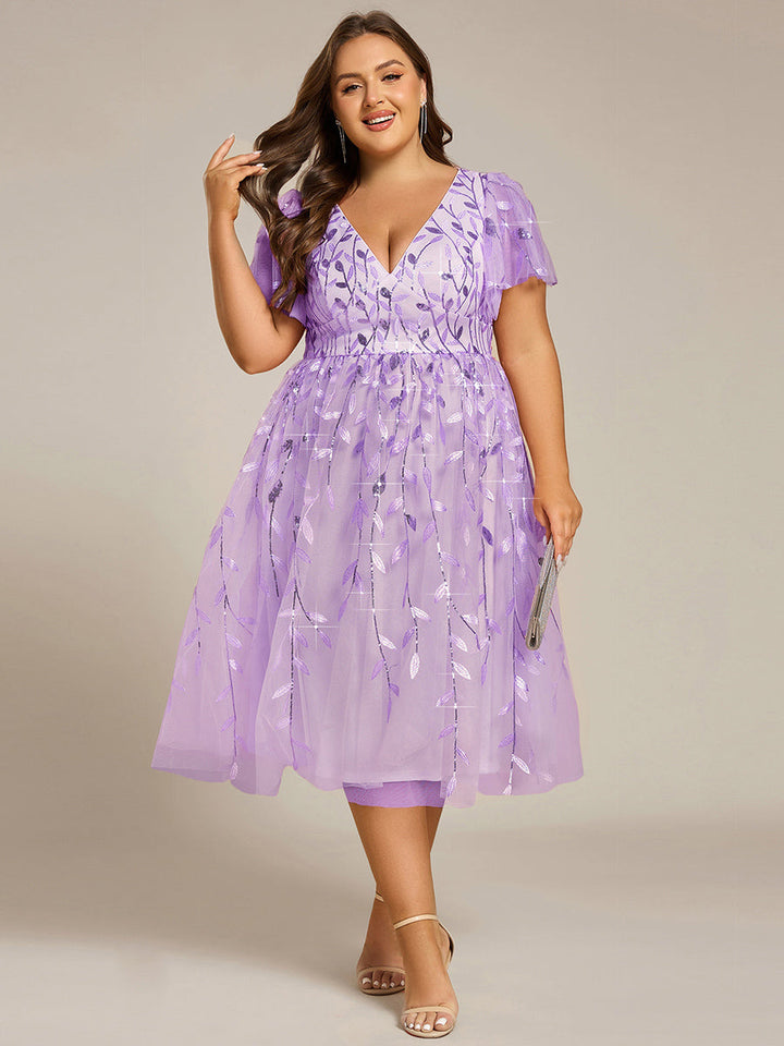 Plus size leaf sequin tulle A-line midi wedding guest dress for women