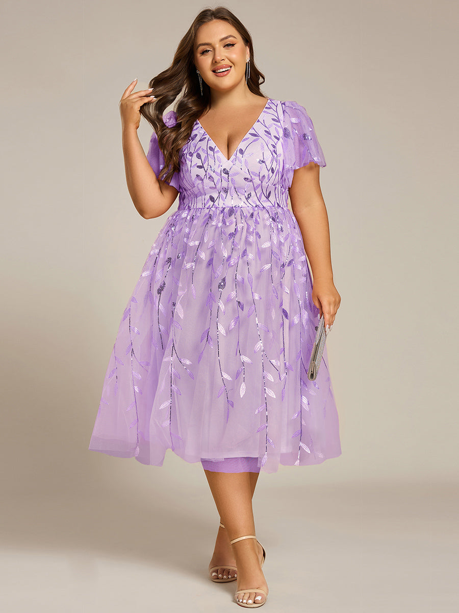 Plus size leaf sequin tulle A-line midi wedding guest dress for women