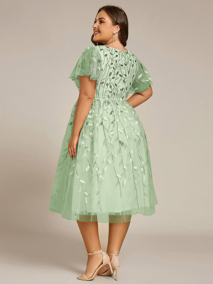 Plus size leaf sequin tulle A-line midi wedding guest dress for women