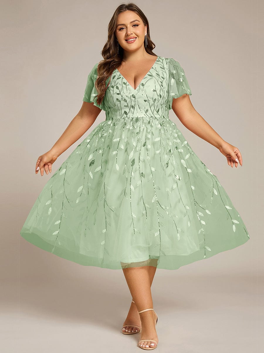 Plus size leaf sequin tulle A-line midi wedding guest dress for women