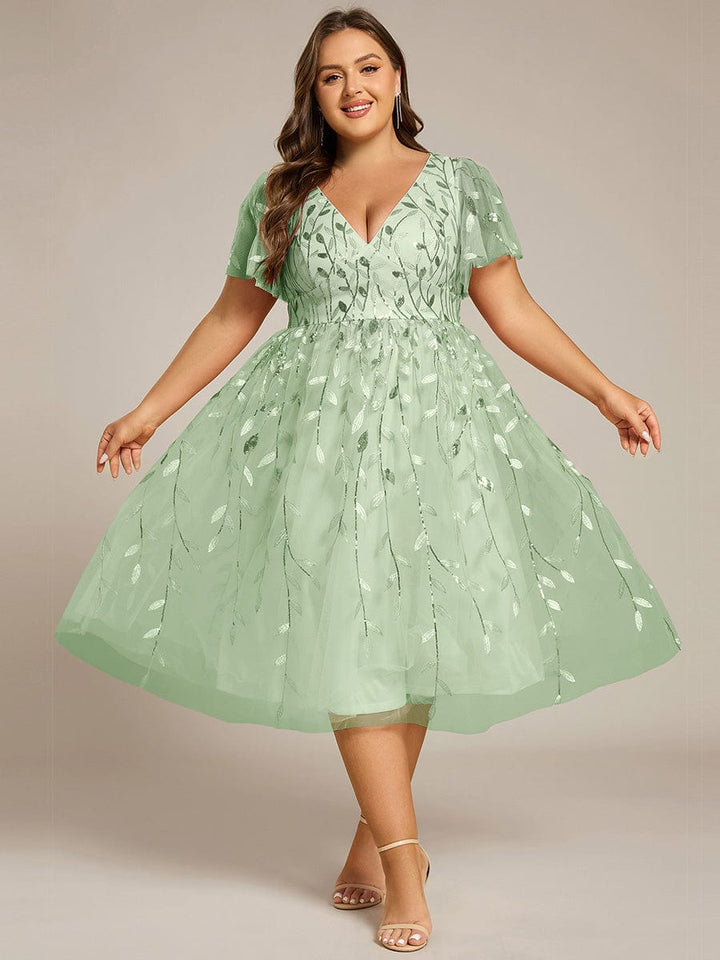 Plus size leaf sequin tulle A-line midi wedding guest dress for women
