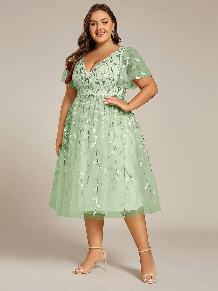 Plus size leaf sequin tulle A-line midi wedding guest dress for women