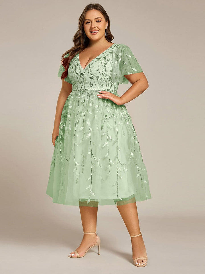 Plus size leaf sequin tulle A-line midi wedding guest dress for women