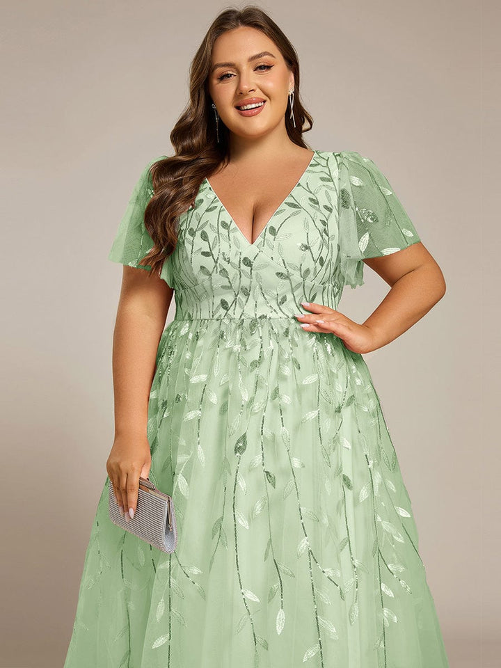 Plus size leaf sequin tulle A-line midi wedding guest dress for women