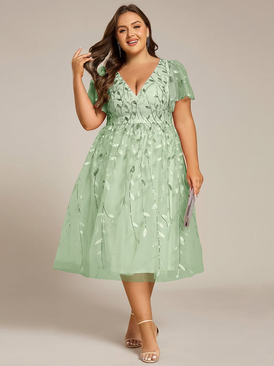 Plus size leaf sequin tulle A-line midi wedding guest dress for women