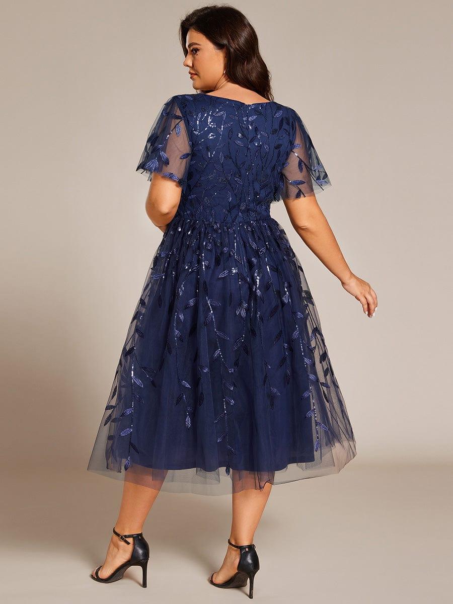 Plus size leaf sequin tulle A-line midi wedding guest dress for women