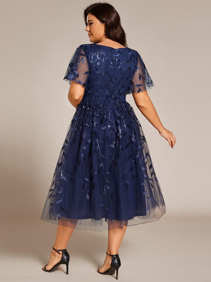 Plus size leaf sequin tulle A-line midi wedding guest dress for women