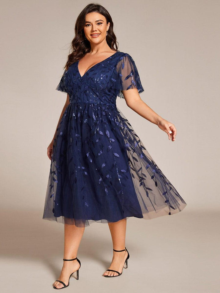 Plus size leaf sequin tulle A-line midi wedding guest dress for women
