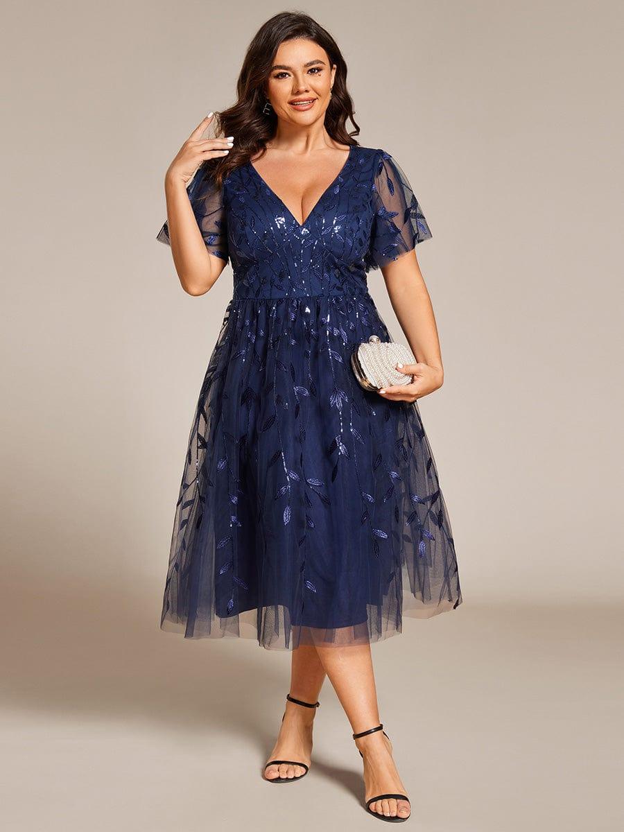 Plus size leaf sequin tulle A-line midi wedding guest dress for women