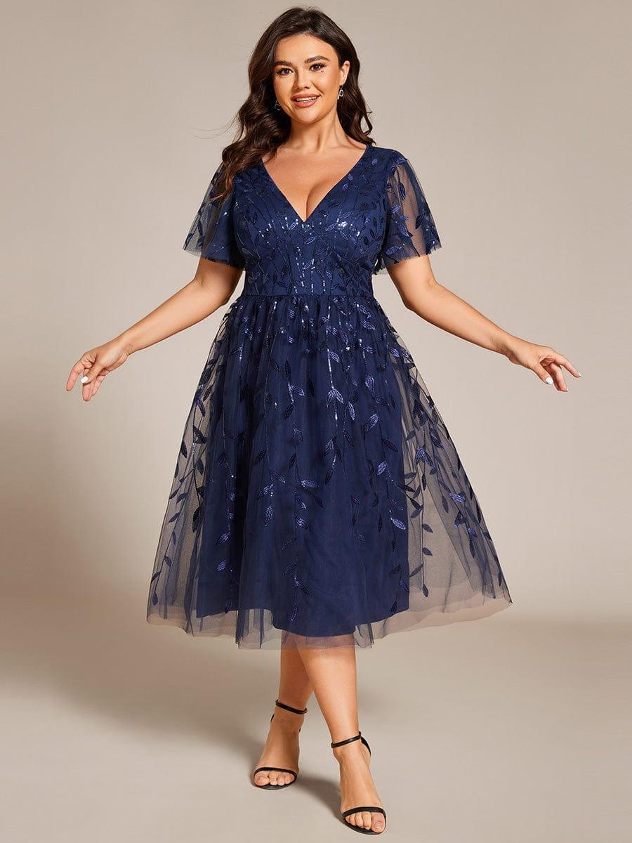 Plus size leaf sequin tulle A-line midi wedding guest dress for women