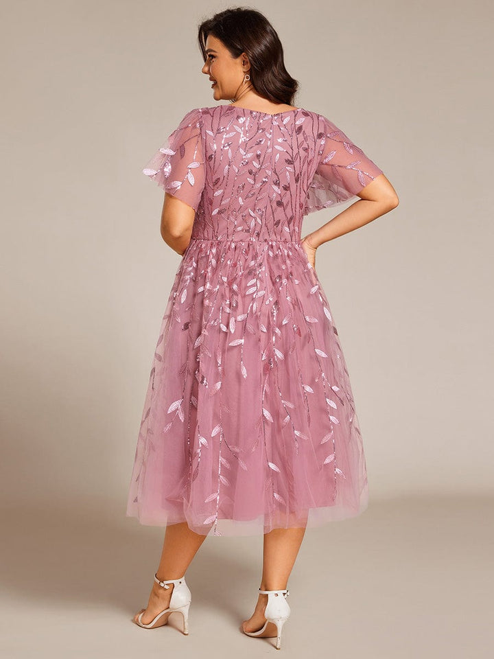 Plus size leaf sequin tulle A-line midi wedding guest dress for women