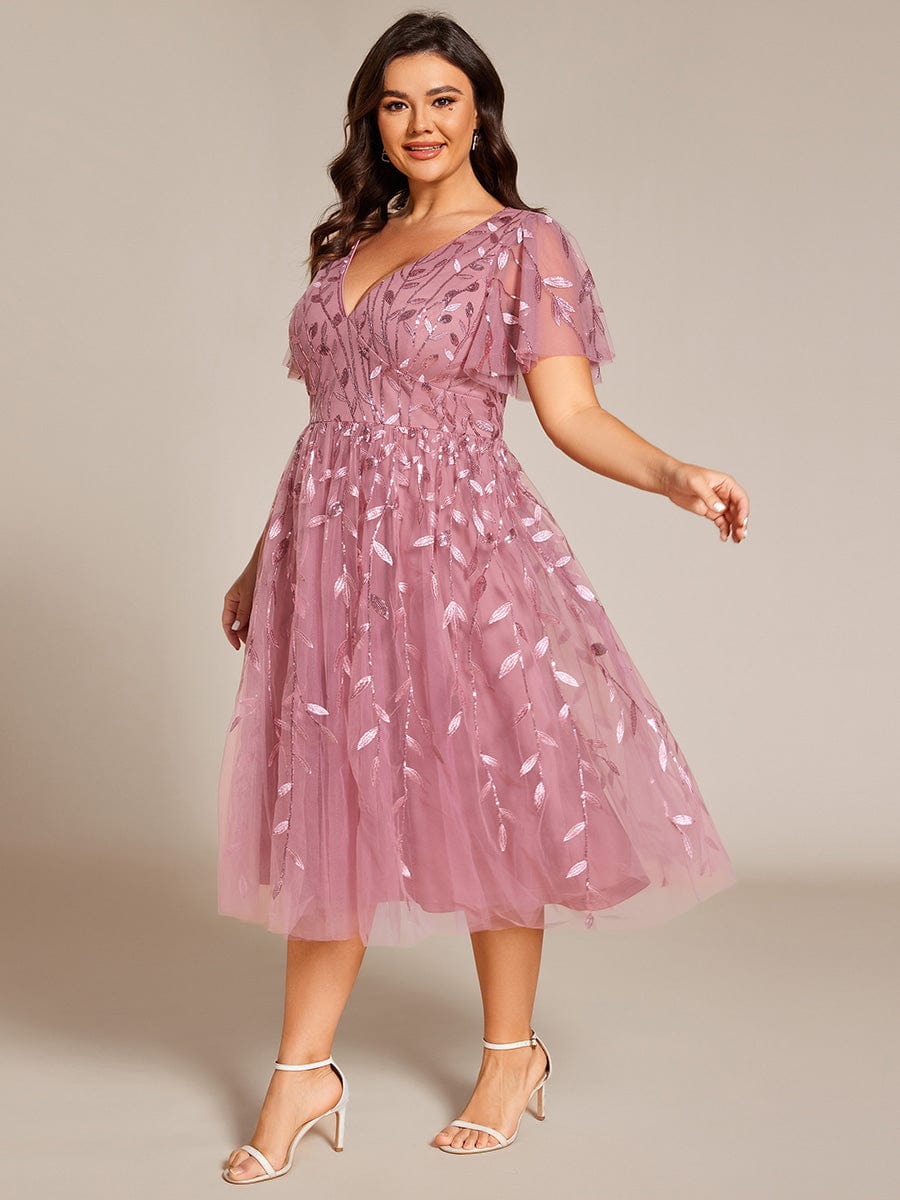 Plus size leaf sequin tulle A-line midi wedding guest dress for women