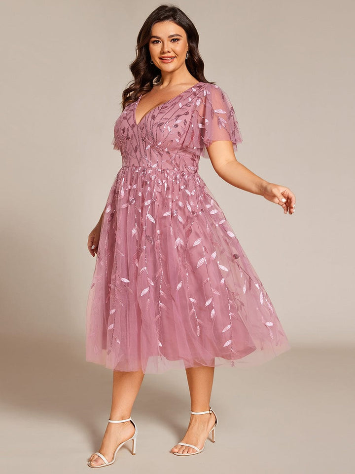 Plus size leaf sequin tulle A-line midi wedding guest dress for women