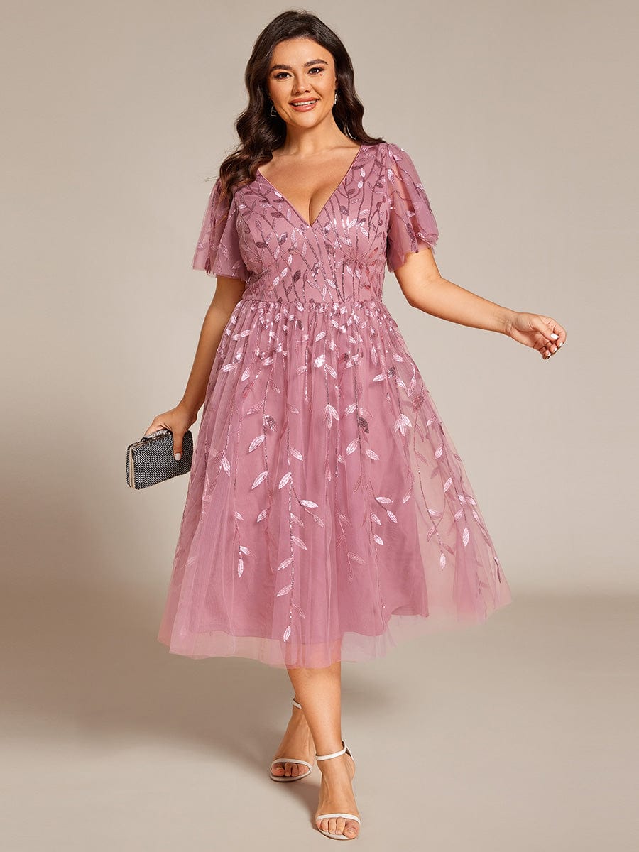 Plus size leaf sequin tulle A-line midi wedding guest dress for women
