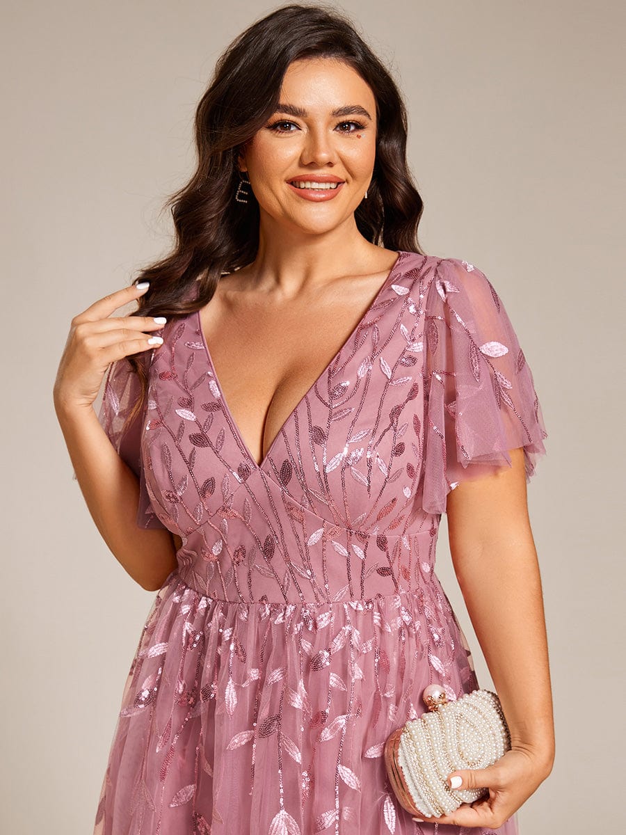 Plus size leaf sequin tulle A-line midi wedding guest dress for women