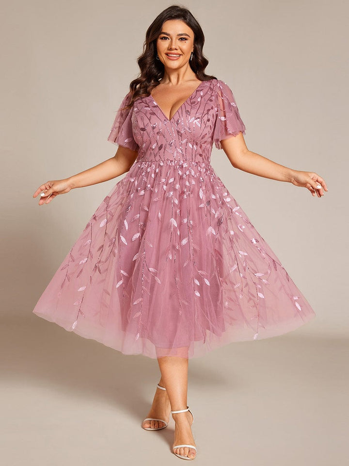 Plus size leaf sequin tulle A-line midi wedding guest dress for women