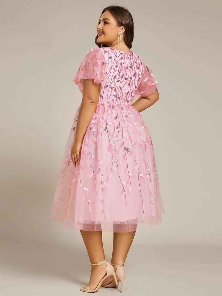 Plus size leaf sequin tulle A-line midi wedding guest dress for women