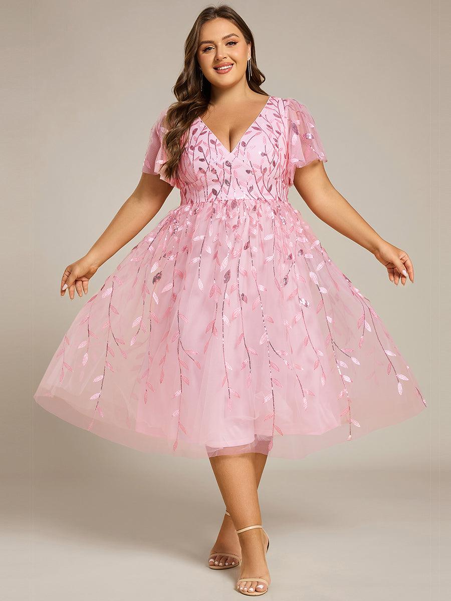 Plus size leaf sequin tulle A-line midi wedding guest dress for women