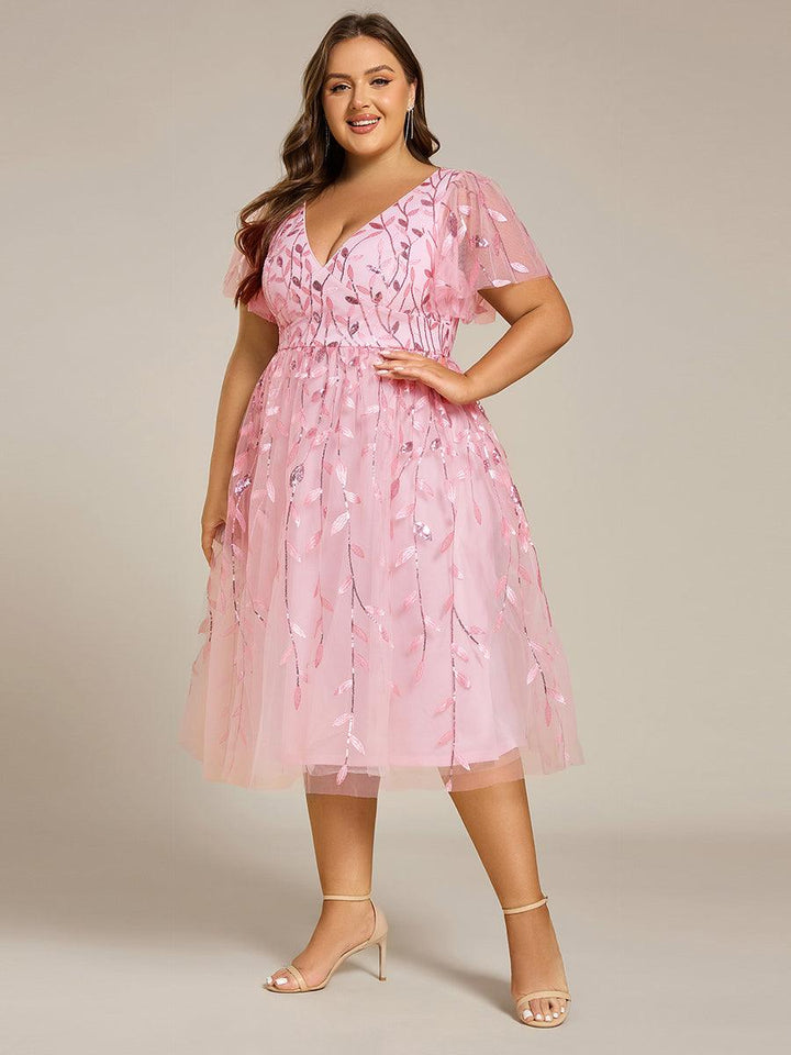 Plus size leaf sequin tulle A-line midi wedding guest dress for women