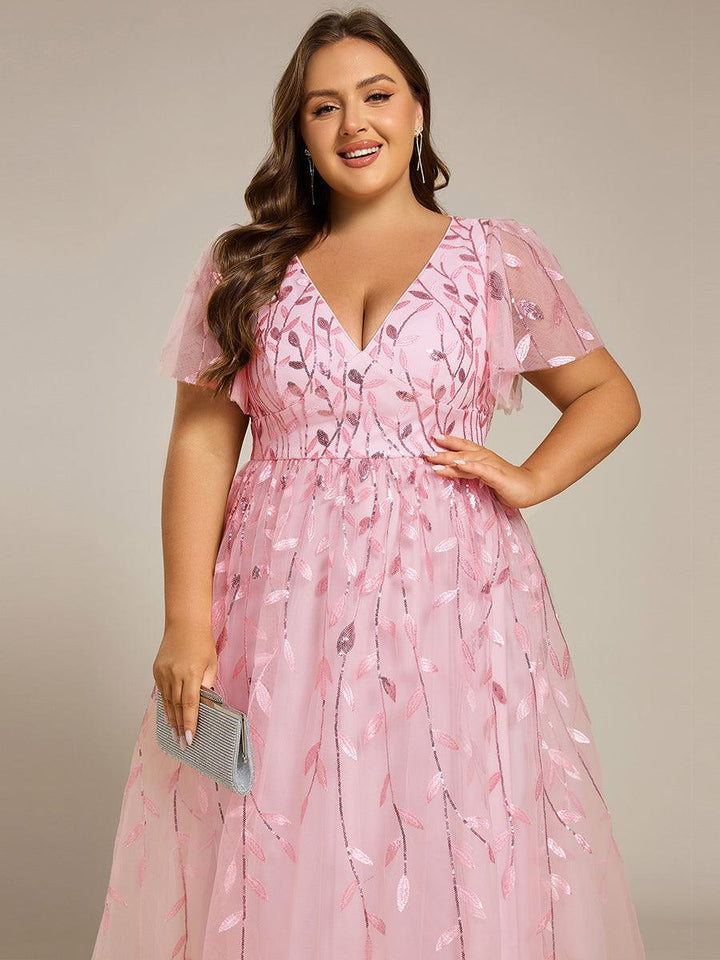 Plus size leaf sequin tulle A-line midi wedding guest dress for women
