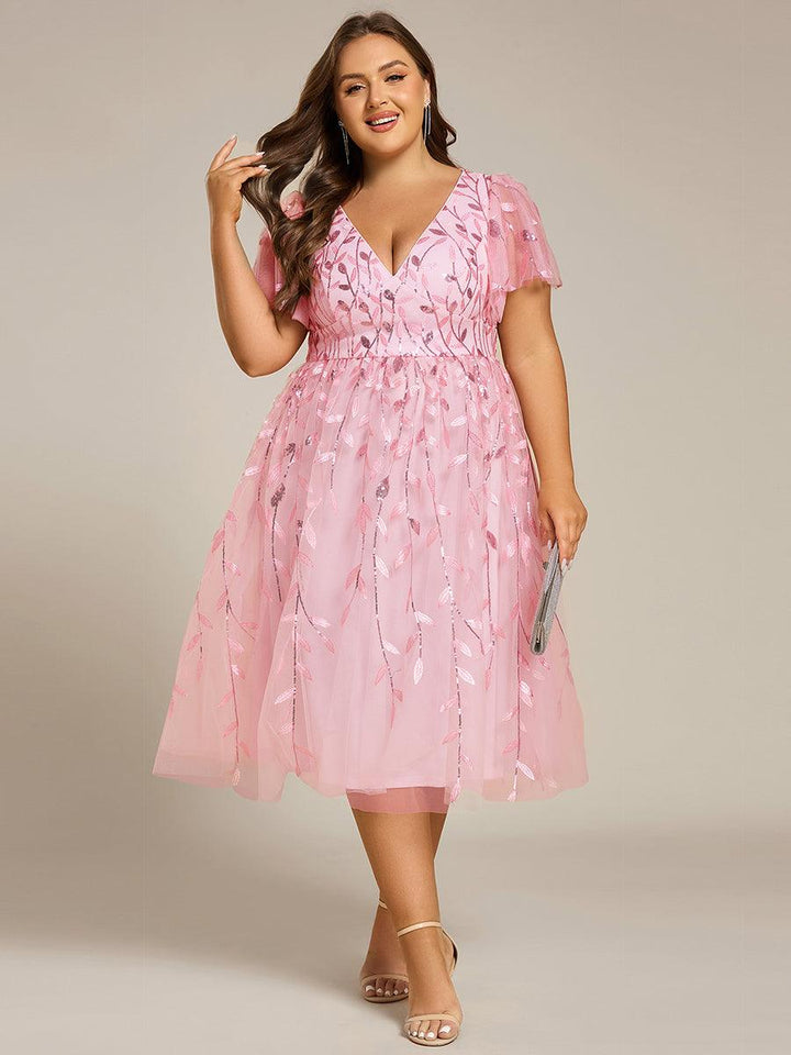Plus size leaf sequin tulle A-line midi wedding guest dress for women