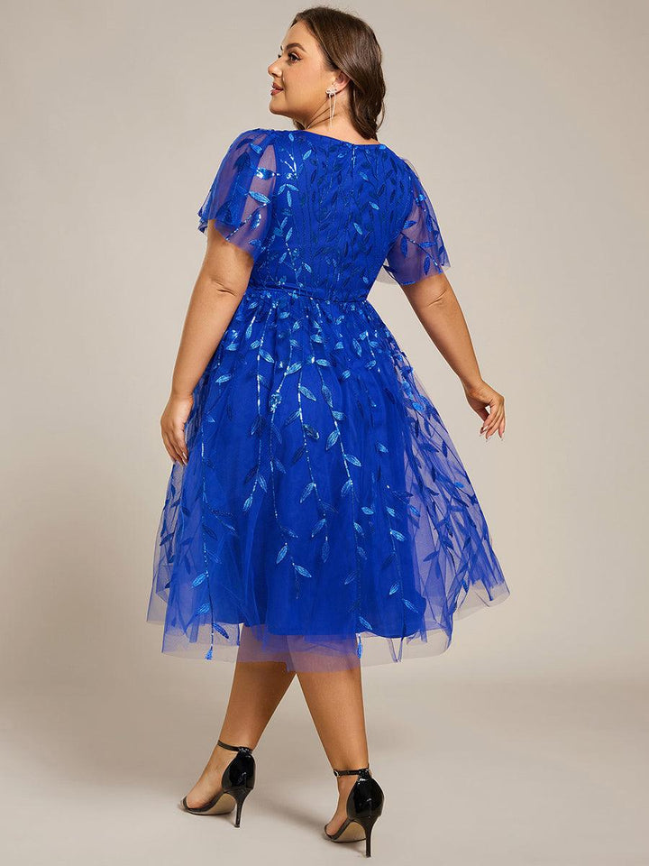 Plus size leaf sequin tulle A-line midi wedding guest dress for women