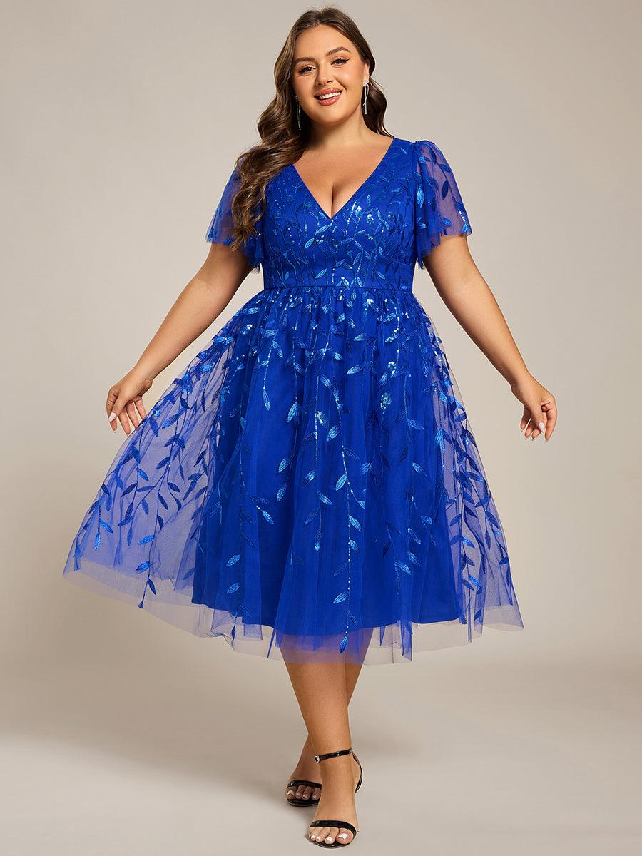 Plus size leaf sequin tulle A-line midi wedding guest dress for women