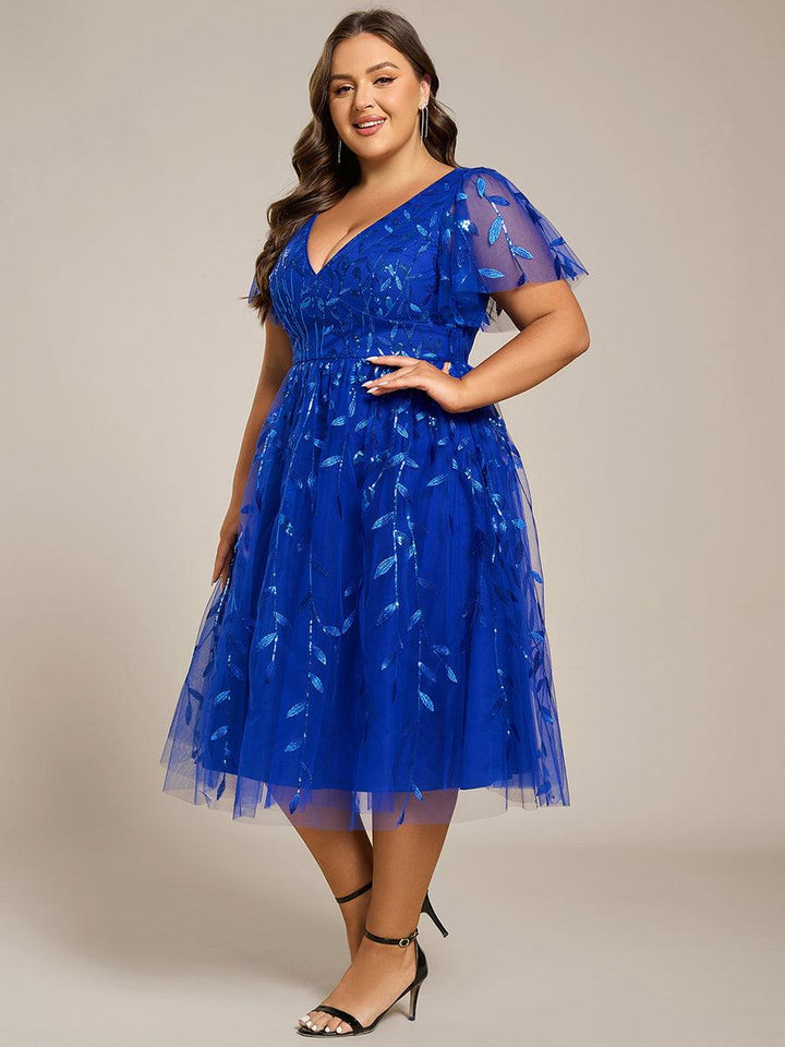 Plus size leaf sequin tulle A-line midi wedding guest dress for women