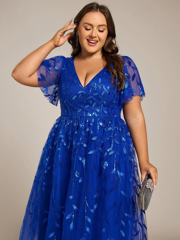 Plus size leaf sequin tulle A-line midi wedding guest dress for women