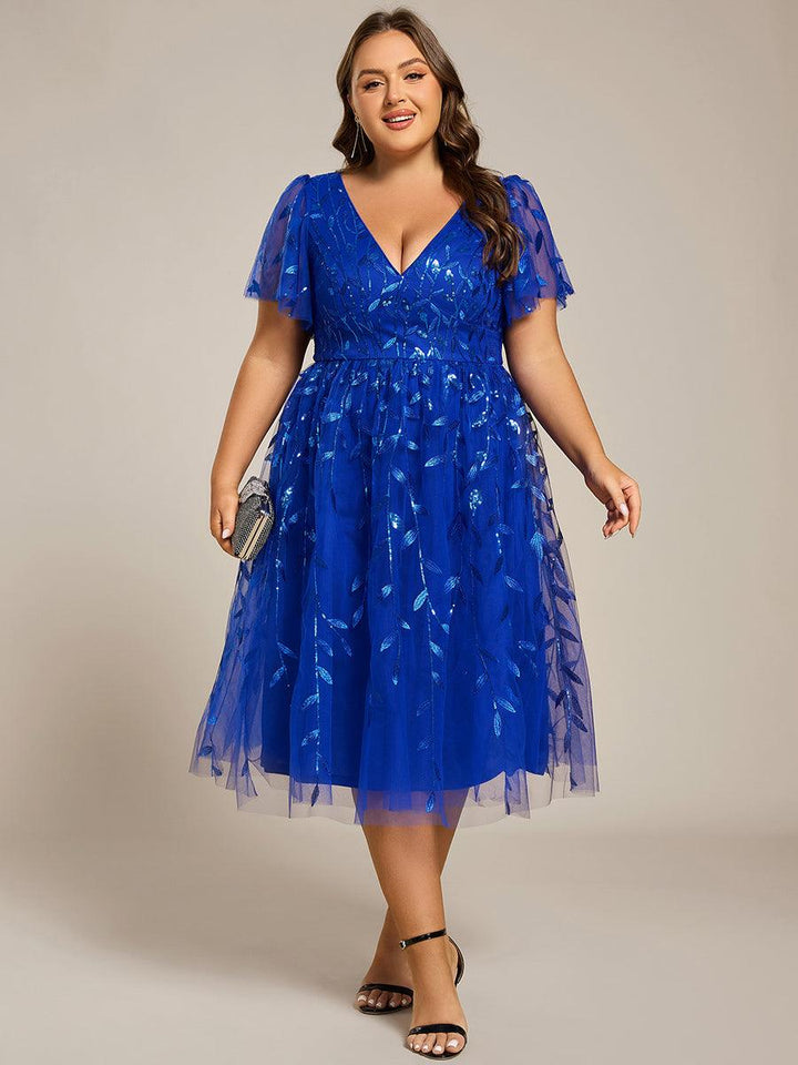 Plus size leaf sequin tulle A-line midi wedding guest dress for women