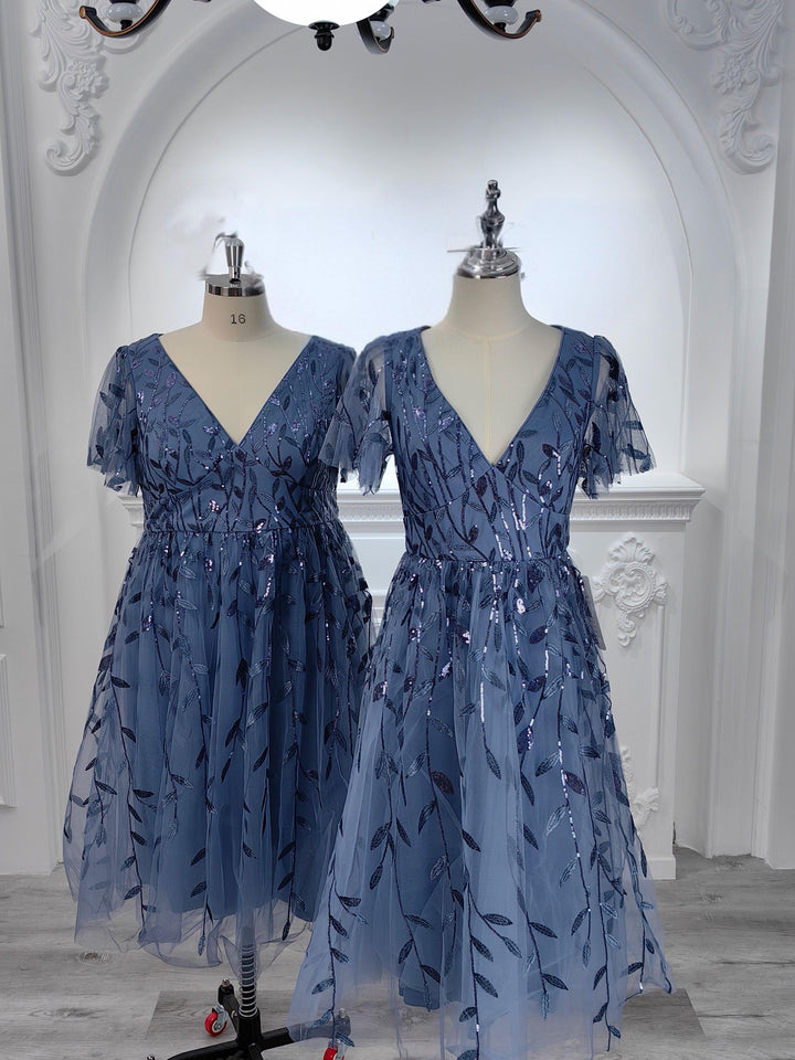 Plus size leaf sequin tulle A-line midi wedding guest dress for women
