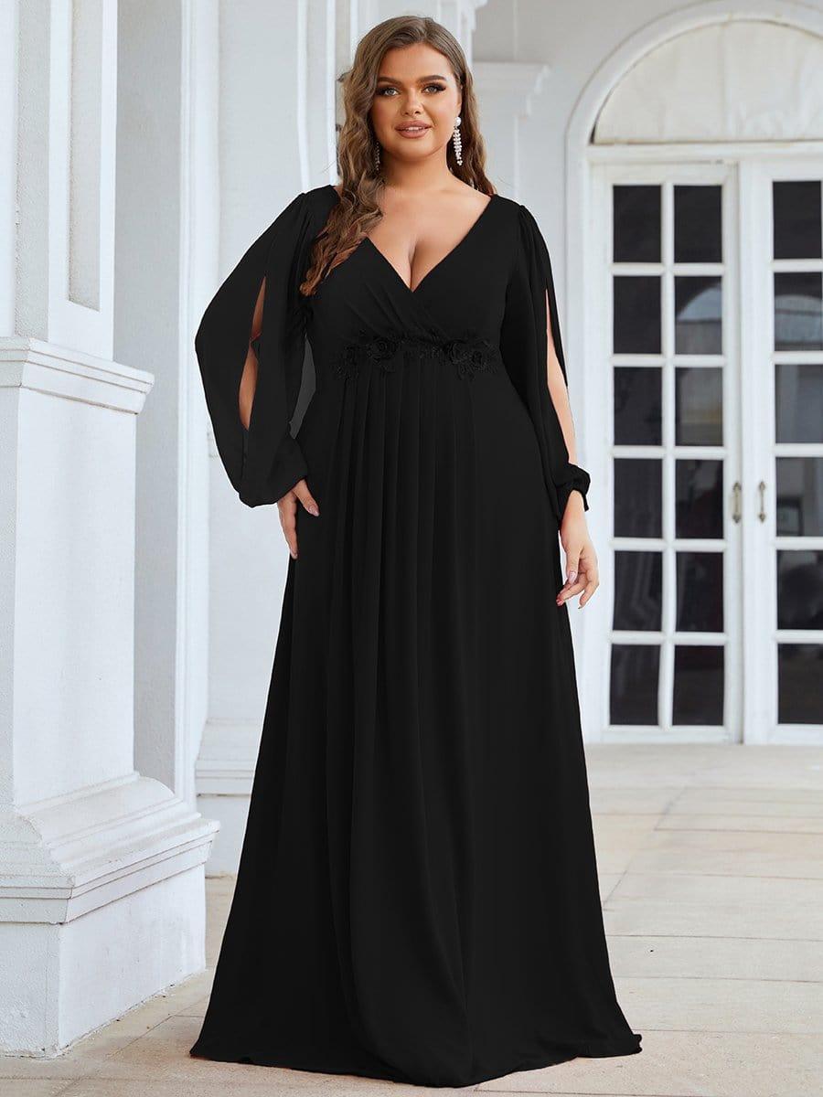 Plus size chiffon evening dress with long lantern sleeves for women