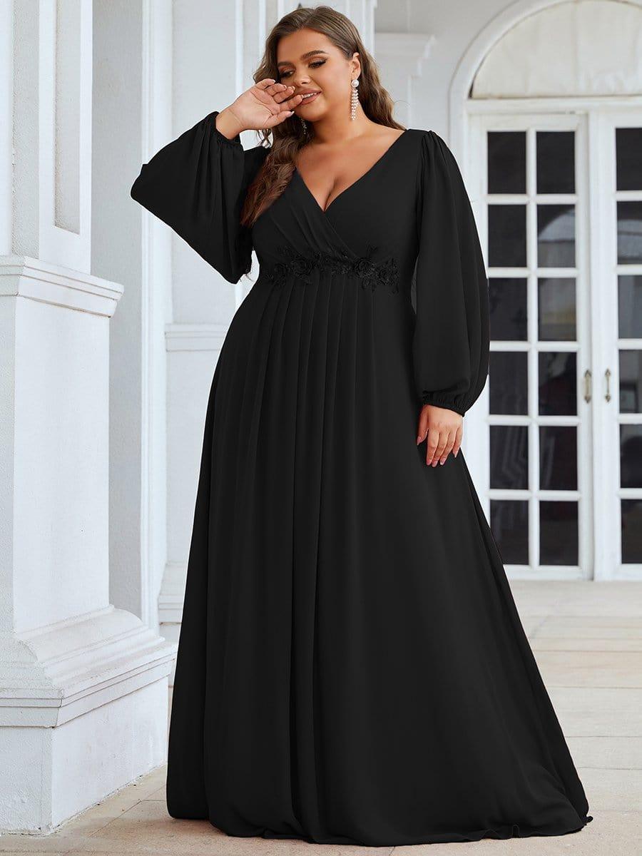Plus size chiffon evening dress with long lantern sleeves for women