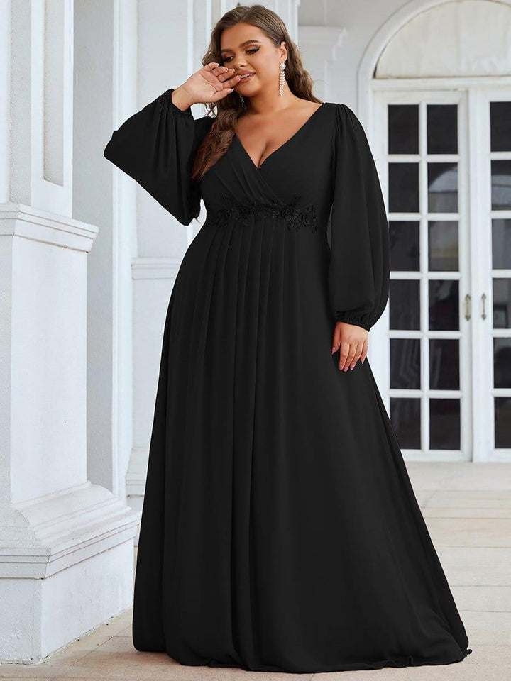 Plus size chiffon evening dress with long lantern sleeves for women