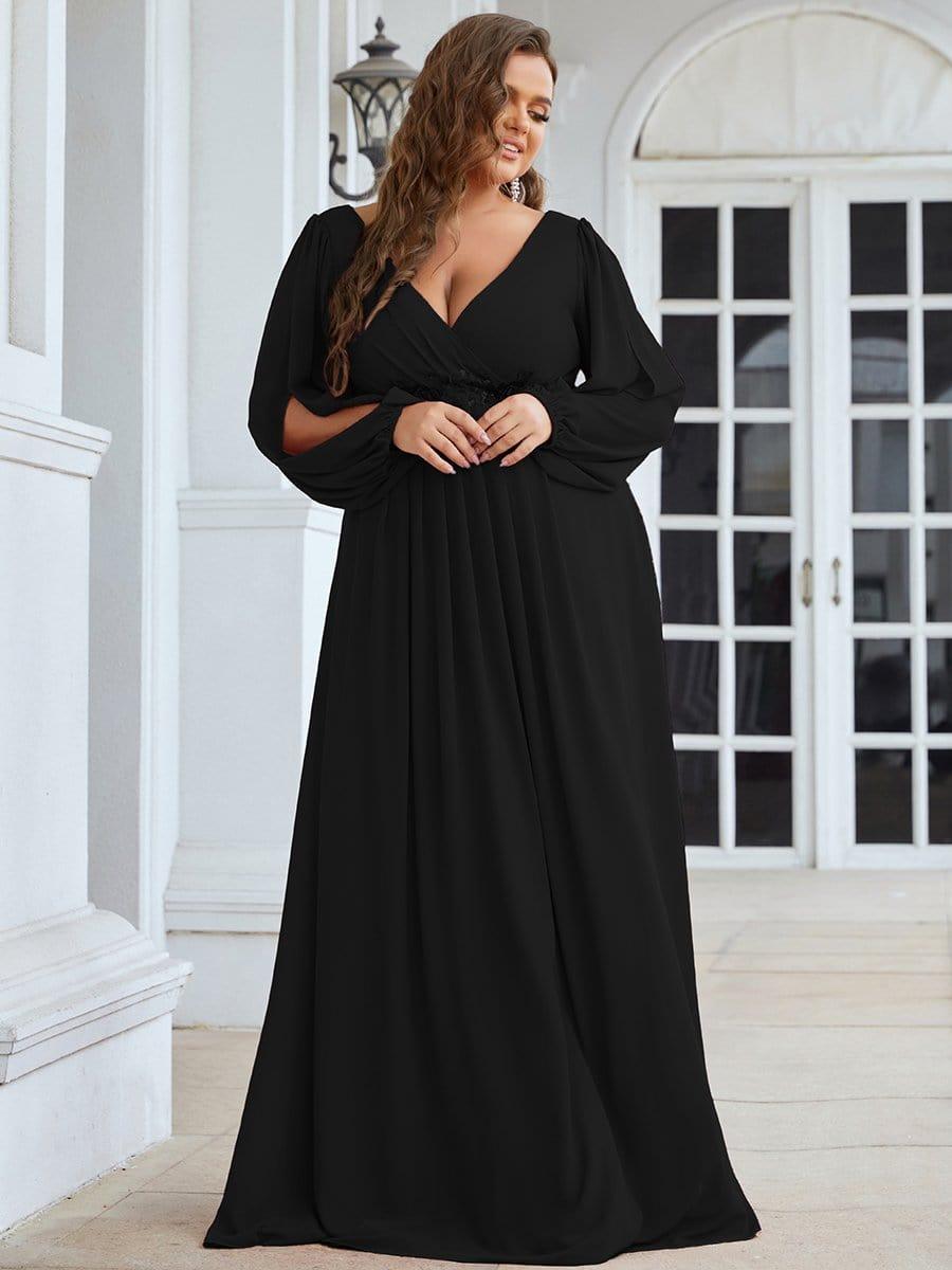 Plus size chiffon evening dress with long lantern sleeves for women