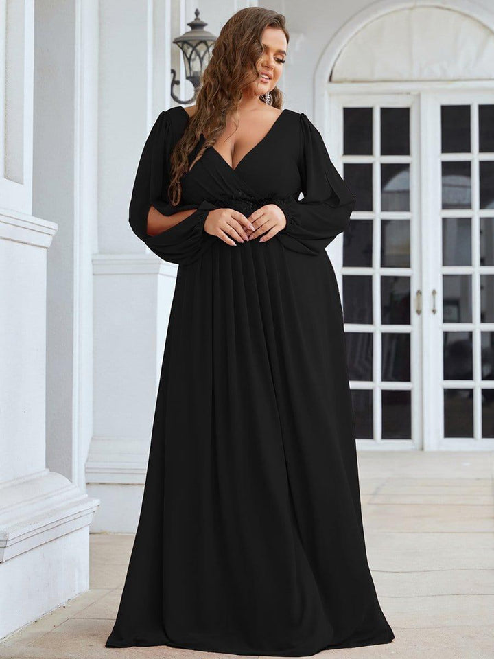 Plus size chiffon evening dress with long lantern sleeves for women